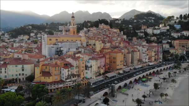 Vista Aérea Panorâmica Menton França Voo Drone Sobre Cidade Pôr — Vídeo de Stock