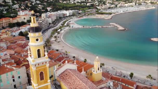 Drónrepülés Menton Cote Azur Francia Riviéra Színes Házai Felett Légitekintés — Stock videók