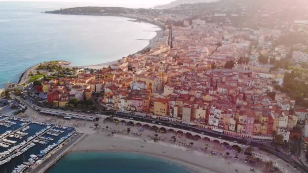 Flygfoto Över Menton Franska Rivieran Hamn Solig Dag Medelhavet Blå — Stockvideo