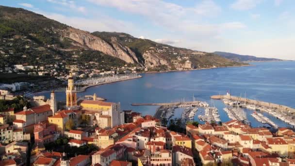 Drone Flygning Över Färgglada Hus Menton Cote Azur Franska Rivieran — Stockvideo