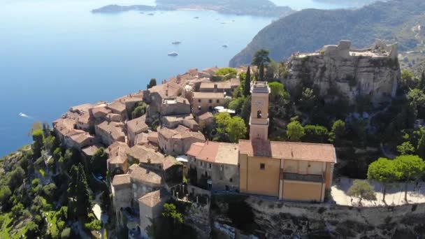 Flygdrönare Utsikt Över Gamla Eze Village Franska Rivieran Medelhavet Frankrike — Stockvideo