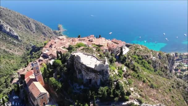 Cinematic Aerial View Ancient Eze Village Cote Azur France — стоковое видео