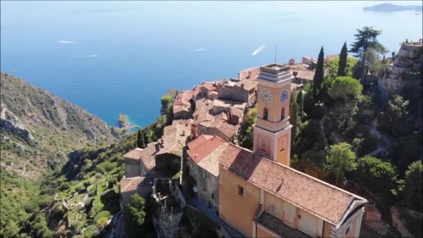 Aerial Drone View Ancient Eze Village French Riviera Mediterranean Sea — Stock Video