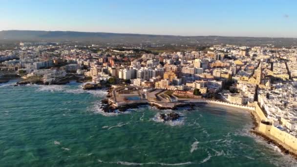 Beautiful Italian Coastal City Drone Flight Sea Old Town Monopoli — Stock Video