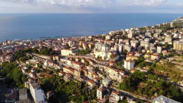 Drone Flight Beautiful Italian City Seashore View Churches Houses Red — Stock Video