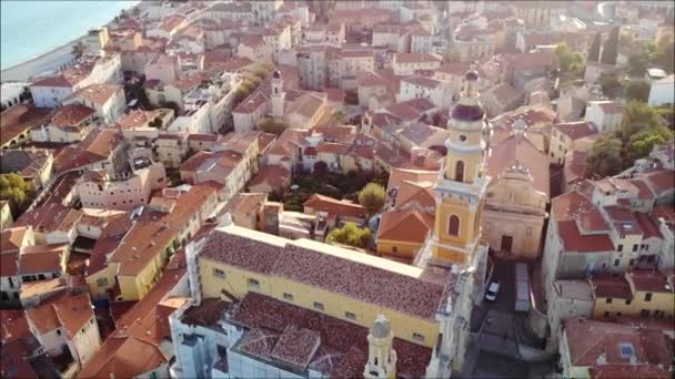 Voo Drone Sobre Casas Coloridas Menton Costa Marfim Riviera Francesa — Vídeo de Stock