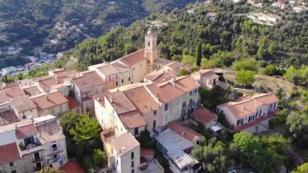 Vista Aérea Drone Antiga Vila Castellar Dia Ensolarado Riviera Francesa — Vídeo de Stock