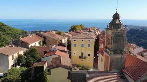 Letecký Drone Pohled Starověké Castellar Vesnice Francouzská Riviéra Středozemní Moře — Stock video