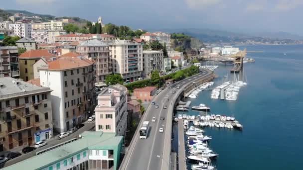 Drone Flight Beautiful Italian Seaside Town Townscape Traffic Streets Aerial — Stock Video