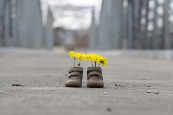 Bir demir köprü üzerinde Sarı çiçekli Bebek Patiği
