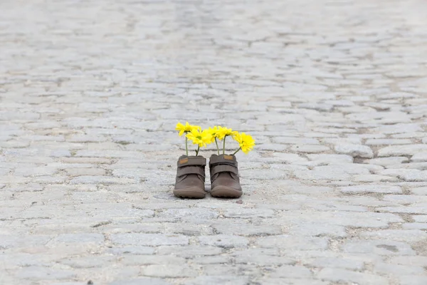 taş yolu üzerinde Sarı çiçekli Bebek Patiği