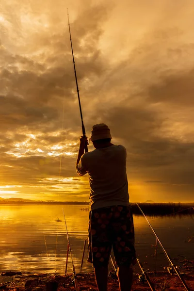 Young Man Fishing Lake Sunset — Stock Photo, Image