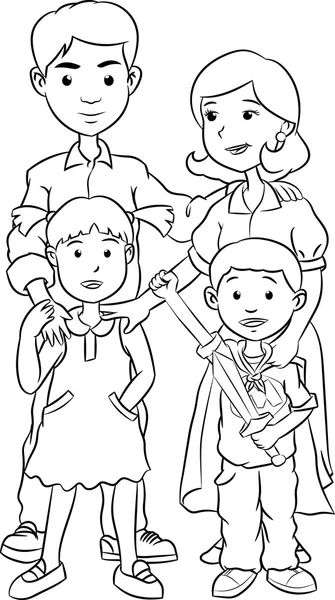Keluarga bahagia dengan dua anak, kartun seni baris - Stok Vektor