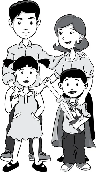 Famille heureuse avec deux enfants, vecteur de dessin animé- échelle de gris — Image vectorielle