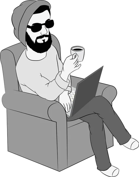 Человек с ноутбуком во время кофе на диване, векторная иллюстрация — стоковый вектор