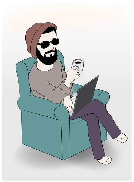 Man met laptop terwijl het hebben van koffie op Bank, vectorillustratie — Stockvector