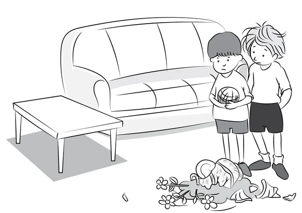 Fekete-fehér rajzfilm a két fiú játék labda, törött korsó - rajzfilm vektor — Stock Vector