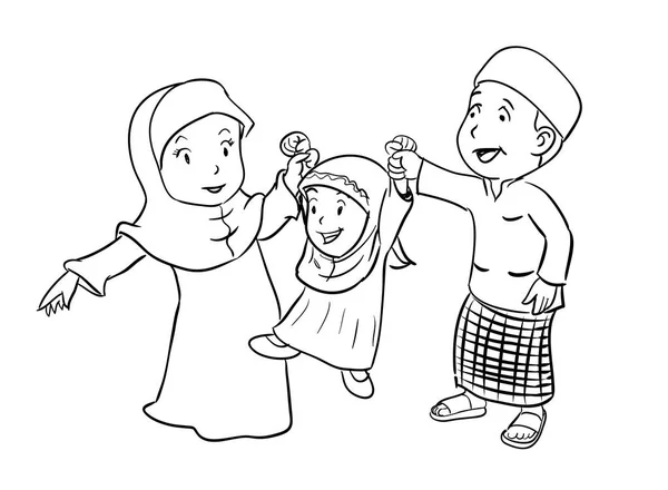 Coloring Happy Muslim Family - Vector Illustration - Stok Vektor