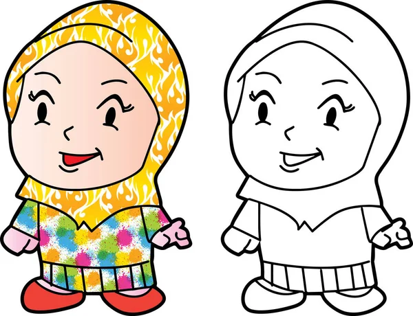 Kleurplaat Melayu moslim meisje - vectorillustratie — Stockvector