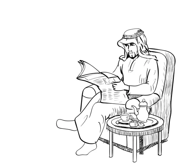 Арабські людина читати новини папери на диваном - вектор намальовані лінії — стоковий вектор