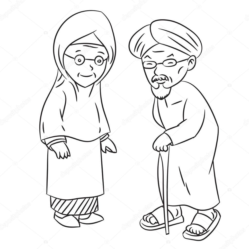 Line Drawing of Elderly Malay Cartoon -Character Vector.