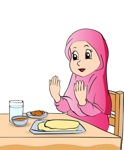 Desenhos animados de menina rezar antes de comer-Vector Ilustração — Vetor de Stock