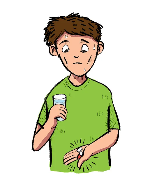 Kreskówka mężczyzna przestraszony tabletki i kapsułki. Wektor clipart pokazanego — Wektor stockowy