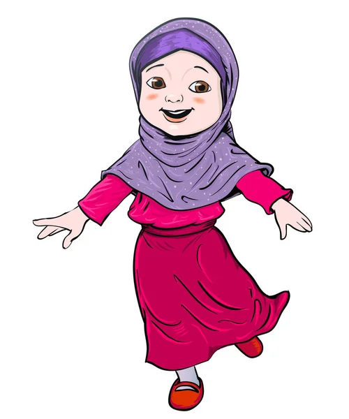 Desenhos animados de menina muçulmana fazer running-Vector Ilustração — Vetor de Stock