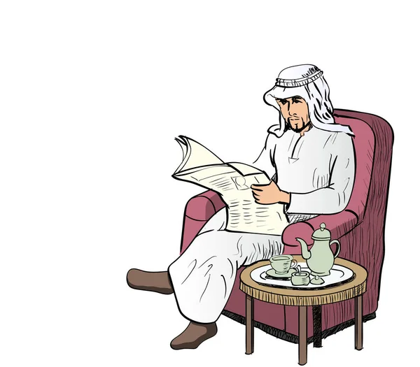 Arab Man membaca koran di sofa - Vector Illustration - Stok Vektor