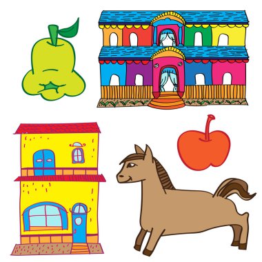  Çocuk çizim'ın ev, at, meyve-vektör çizim