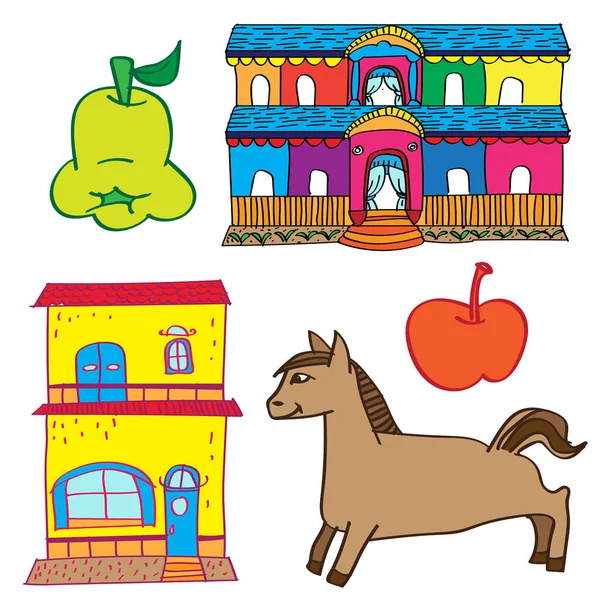  Çocuk çizim'ın ev, at, meyve-vektör çizim