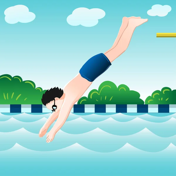 Мальчик прыгает в воду в бассейне-векторной иллюстрации — стоковый вектор
