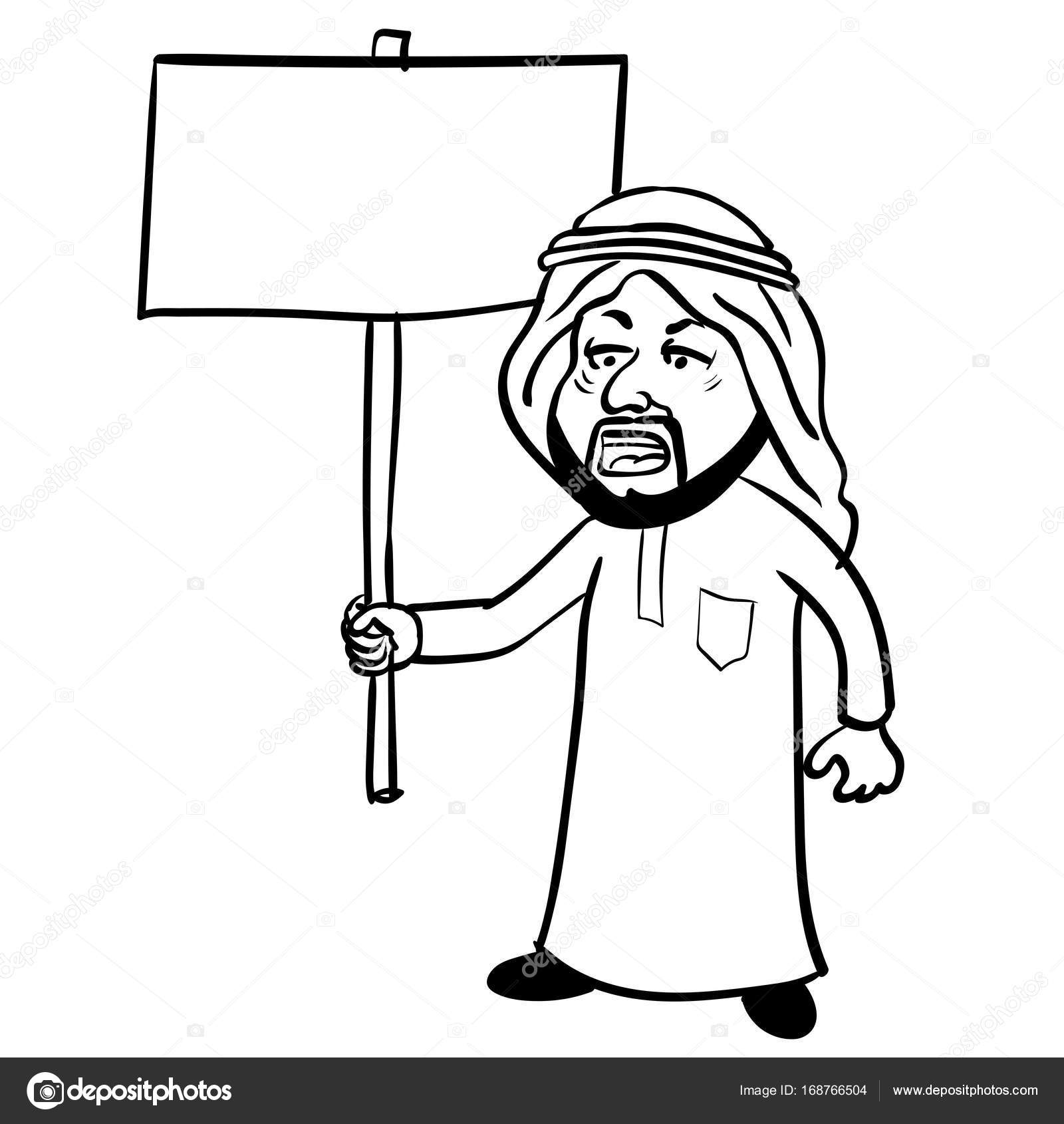 Fumetto dell uomo arabo Islam protesta uomo musulmano in costume tradizionale veste bianca e papalina che tiene cartello in bianco con lo spazio della