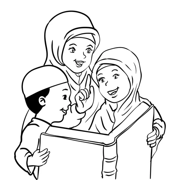 Cartoon Muslim Mather and Kids ler livro-Vector Ilustração —  Vetores de Stock