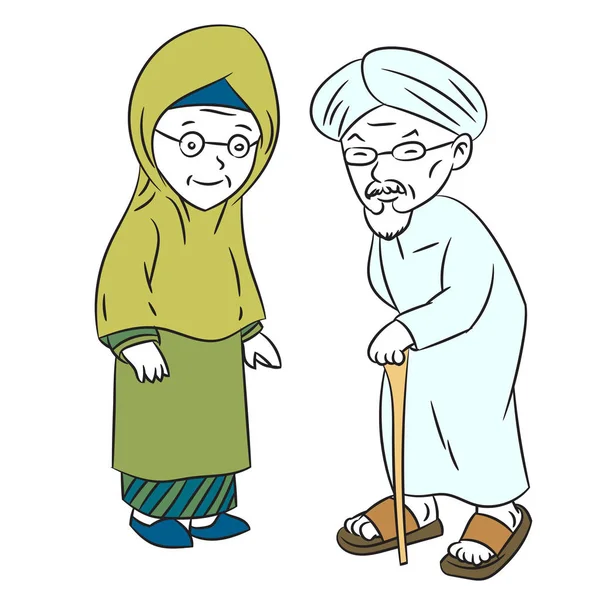 Ilustrasi Muslim Elderly Cartoon-Character Vector - Stok Vektor
