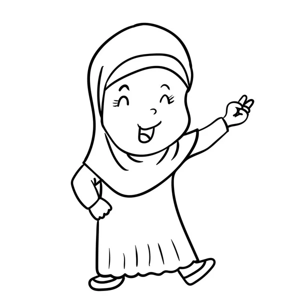 Tangan menggambar Kartun Muslim Girl dengan tanda Kemenangan-Vektor illus - Stok Vektor