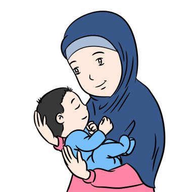 Müslüman anne ve oğlu izole karikatür-vektör çizim