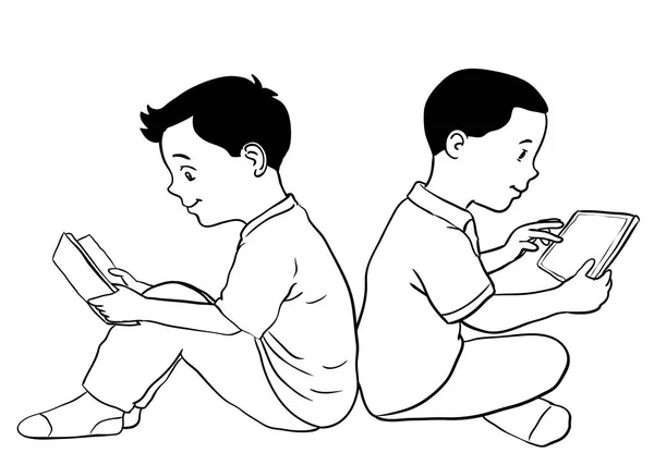 Meninos desenhados à mão lendo e usando ilustração tablet-vetor — Vetor de Stock