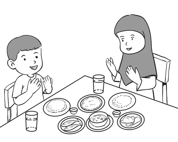 Niños musulmanes comiendo — Vector de stock