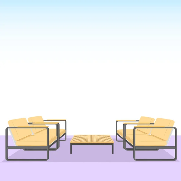 Chaises en bois et table sur fond dégradé bleu. Illu vectoriel — Image vectorielle