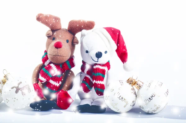 Snowman, reindeer and christmas decorations. Merry christmas concept. Stuffed toys — Stock Photo, Image