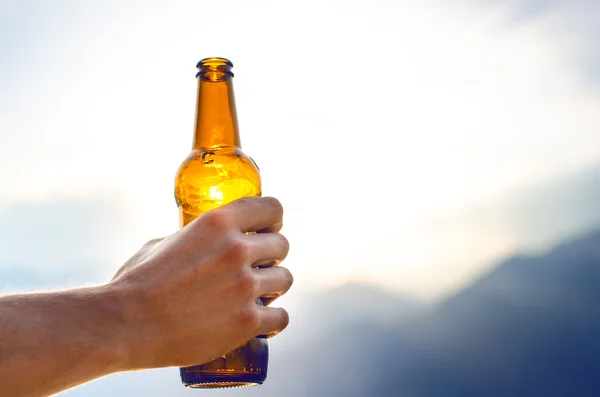 Bottle of beer. Natural background. Man hands keep a bottle of beer. Alcohol drink. Stock Image