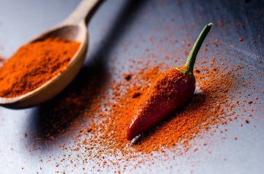 Soğuk, bir tahta kaşık baharatlı biber kırmızı. Bir tahta kaşık üzerine serin. Sebze. Sıcak yemek kavramı. 