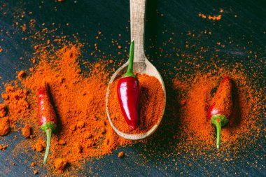 Soğuk, bir tahta kaşık baharatlı biber kırmızı. Bir tahta kaşık üzerine serin. Sebze. Sıcak yemek kavramı. 