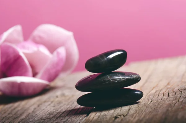 Black stone treatment. Spa and wellness concept. One pink flower on a wooden table and pink background. Lovely flowers. Festive greeting card. Pastel color. Mothers day. Spring.