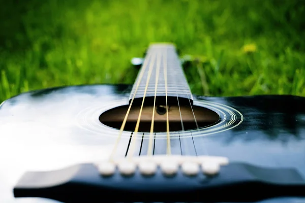 Detalle de guitarra acústica en una hierba. Fondo natural con flores, hierba y sol. Instrumento musical . —  Fotos de Stock