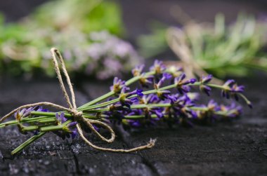 Lavanta çiçekleri, biberiye, nane, kekik, Melissa ve siyah tahta bir masanın üzerinde eski bir makas. Yanmış odun. Spa ve kozmetik veya aşçılık arka planı.