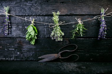 Lavanta çiçekleri, biberiye, nane, kekik, Melissa ve siyah tahta bir masanın üzerinde eski bir makas. Yanmış odun. Spa ve kozmetik veya aşçılık arka planı.