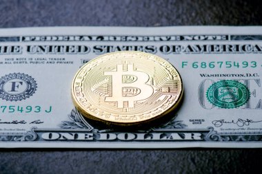 Bir kağıt dolar para ve güneş ile koyu arka plan üzerinde altın bitcoin paralar. Sanal para birimi. Kripto para birimi. Yeni sanal para dolar para. Mercek parlaması