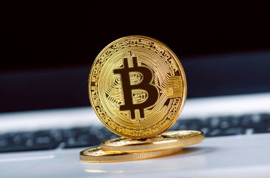 Beyaz dizüstü bilgisayardaki Bitcoin paraları. Bilgisayar. Yatırım durumu. Yeni sanal para birimi. En değerli kripto para birimi 